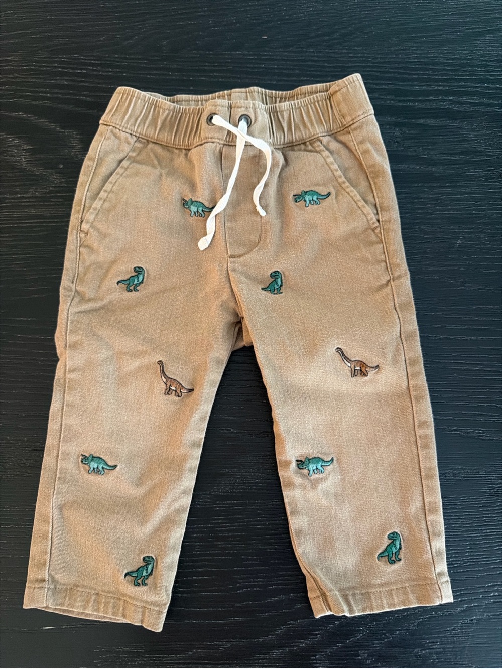 Janie and Jack Brown Sweatpants with Green Dinosaur Embroidery